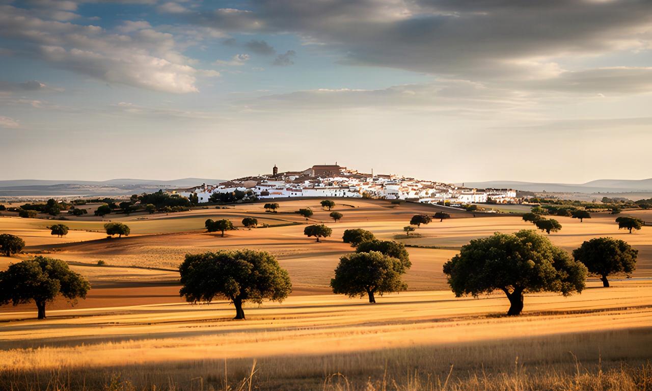 Paisaje de Extremadura cerca de Zafra con campos dorados, encinas y una pequeña localidad al fondo