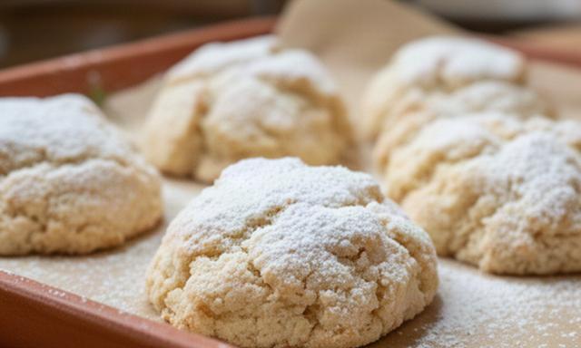 Polvorones artesanales de Navidad espolvoreados con azúcar glas en una pastelería de Zafra