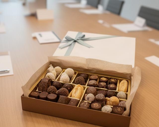 Caja de regalo corporativa con bombones, trufas y pastas artesanas sobre una mesa de reunión en Extremadura