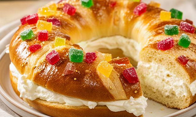 Roscón de Reyes artesanal relleno de nata y decorado con fruta confitada en Zafra