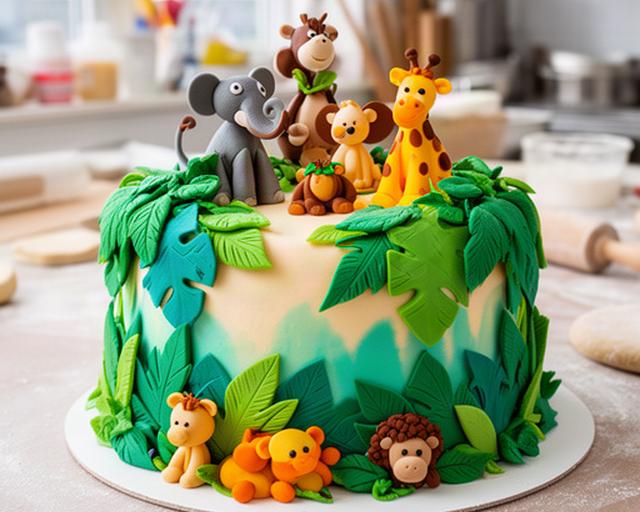Tarta infantil de animales de la selva con hojas y figuras artesanales en un obrador