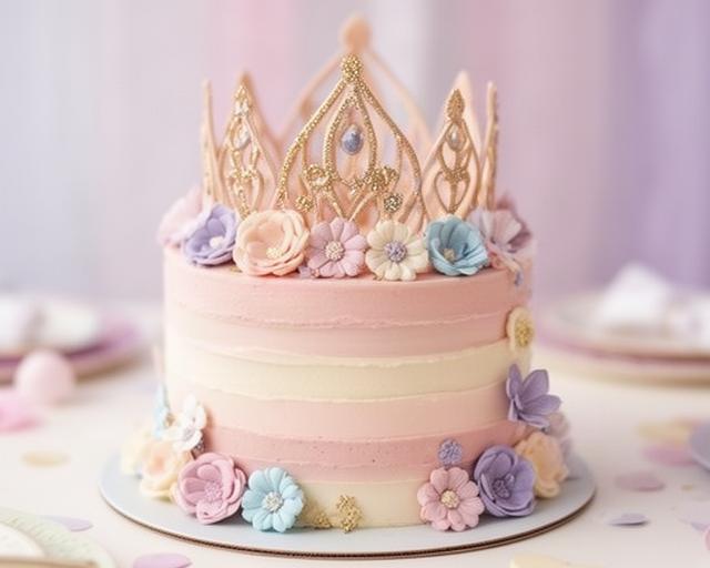 Tarta infantil de princesa decorada con corona y detalles de fondant en tonos suaves