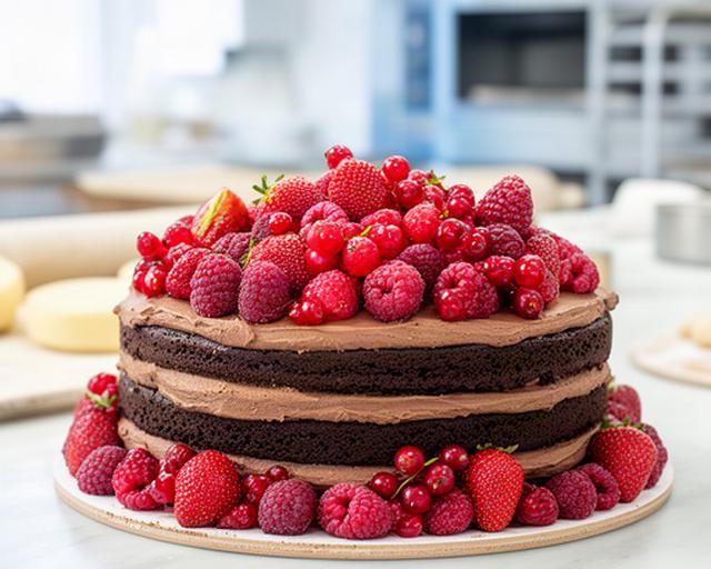 Tarta artesanal de chocolate y frutos rojos sin lactosa sobre una mesa luminosa de un obrador en Zafra